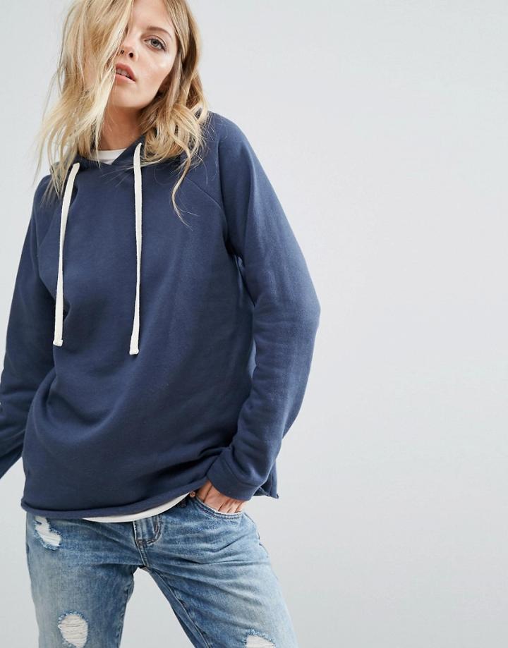 Noisy May Drawstring Raw Edge Oversized Hoodie - Blue