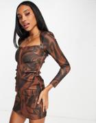 Asos Design Printed Long Sleeve Square Neck Mini Dress In Print-multi