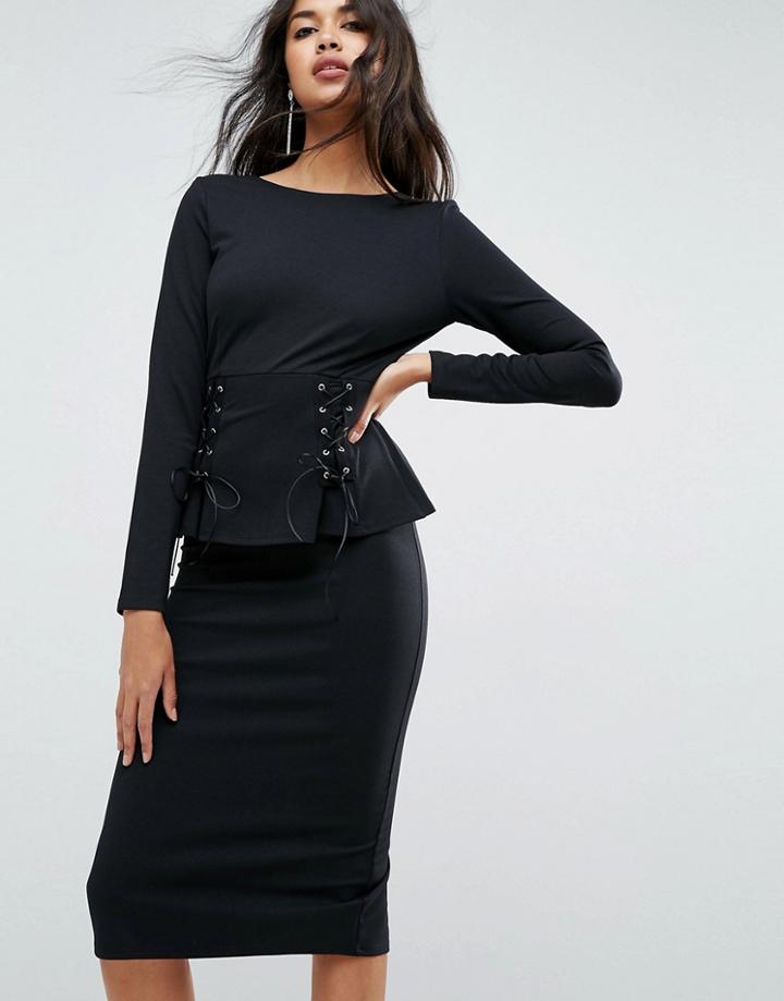 Asos Midi Dress With Corset Peplum Detail - Black