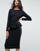 Asos Midi Dress With Corset Peplum Detail - Black