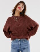 Asos Design Cable Sweater In Lofty Yarn With Volume Sleeve-brown