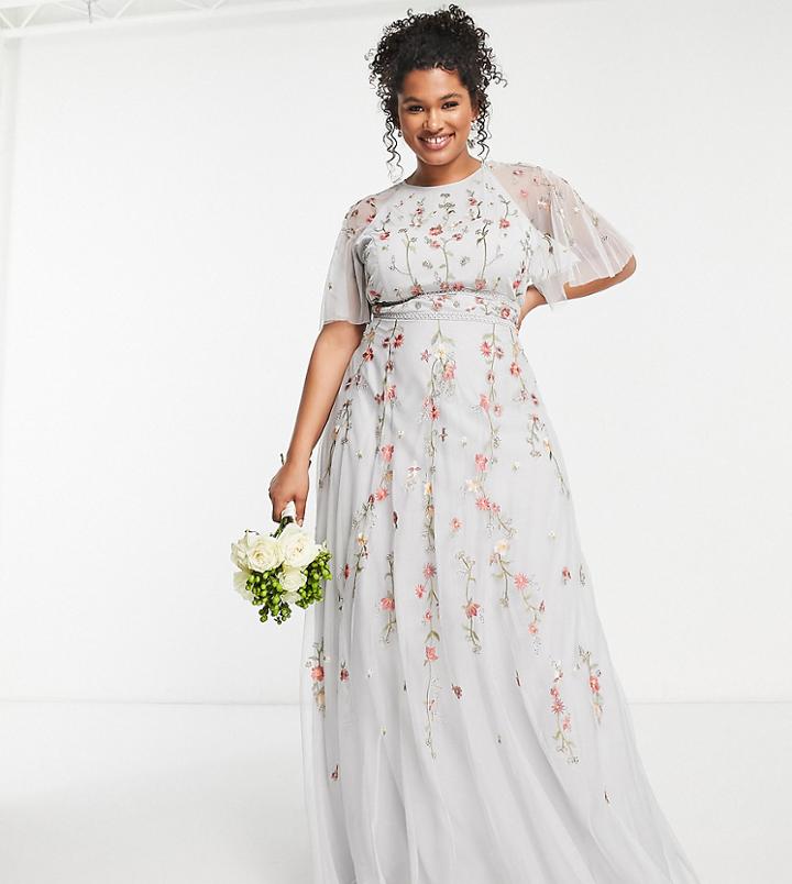 Asos Design Curve Bridesmaid Floral Embroidered Maxi Dress With Embellishment In Soft Blue