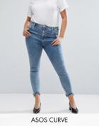 Asos Curve High Waist Ridley Skinny Jean In Rula Mottled Wash With Arched Raw Hem - Blue