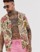 Asos Design Relaxed Fit Shirt In Ornate Paisley Print In Ecru-beige