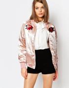 Sister Jane Satin Bomber Jacket With Poppy Patches - Nude