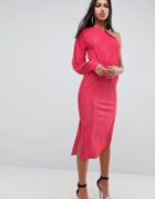 Asos One Shoulder Dress With Balloon Sleeve In Plisse - Pink