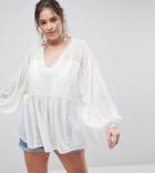 Asos Curve Longline Blouse In Dobby Lace Mix - Cream