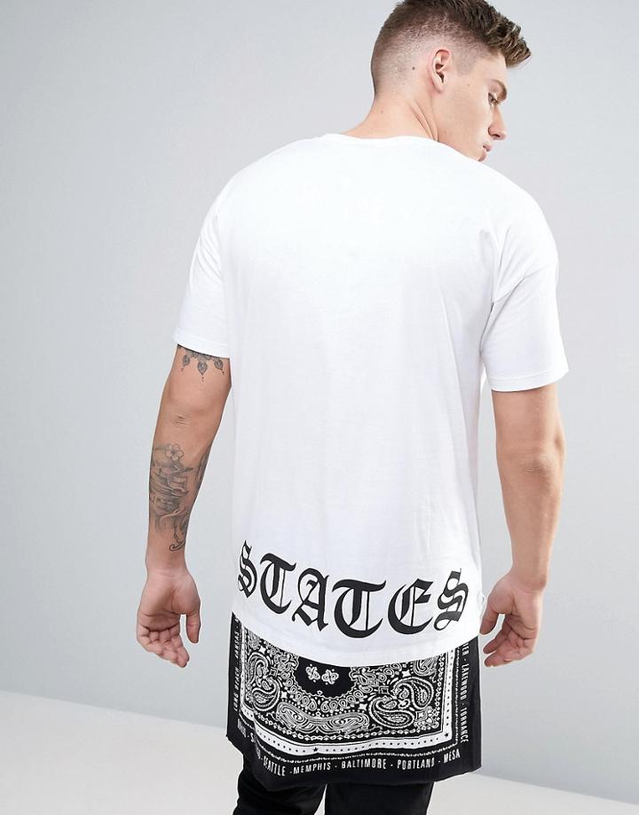 Asos Longline T-shirt With Back Print And Bandana Hem Extender - White