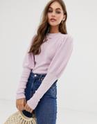 Asos Design Balloon Sleeve Sweater With Deep Cuff - Purple