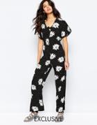 Reclaimed Vintage Wide Leg Jumpsuit With Tie Neck In Floral - Black