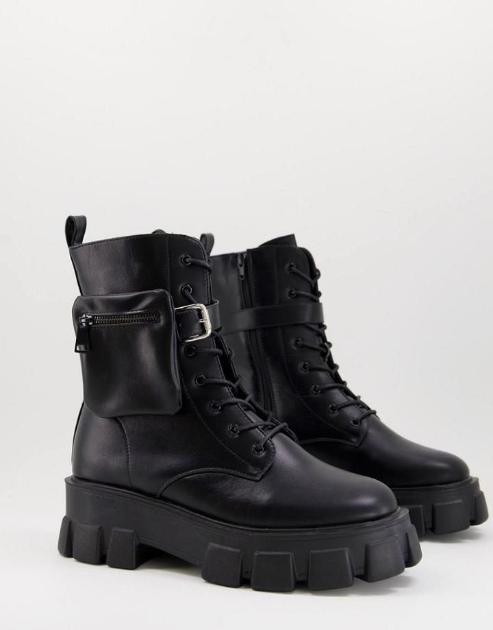 Truffle Collection Super Chunky Lace Up Boots In Black Faux Leather With Removeable Pouch