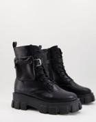 Truffle Collection Super Chunky Lace Up Boots In Black Faux Leather With Removeable Pouch