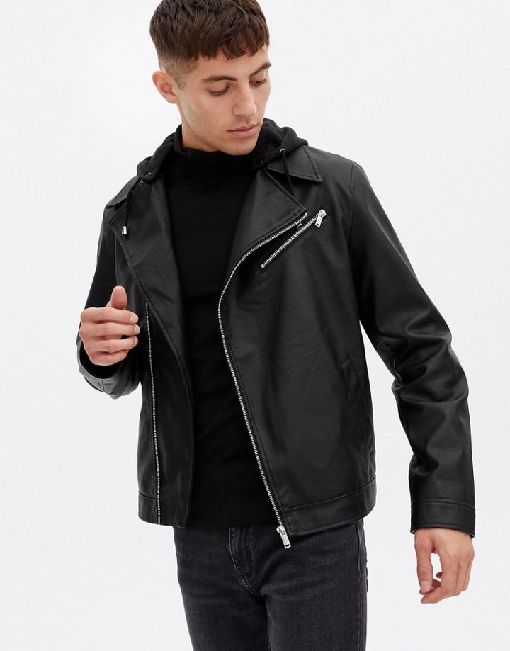 New Look Hooded Faux Leather Moto Jacket In Black