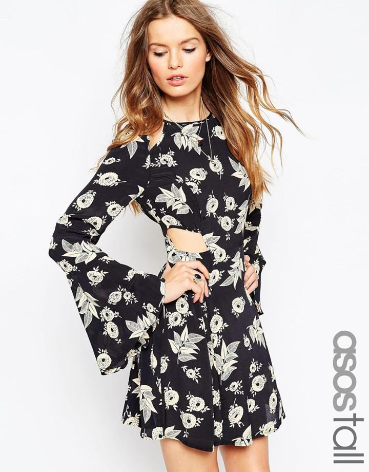 Asos Tall Cut Out Mono Flared Sleeve Dress - Print
