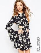 Asos Tall Cut Out Mono Flared Sleeve Dress - Print