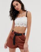 Bershka Lace Crop Top With Contrast Straps In White - White