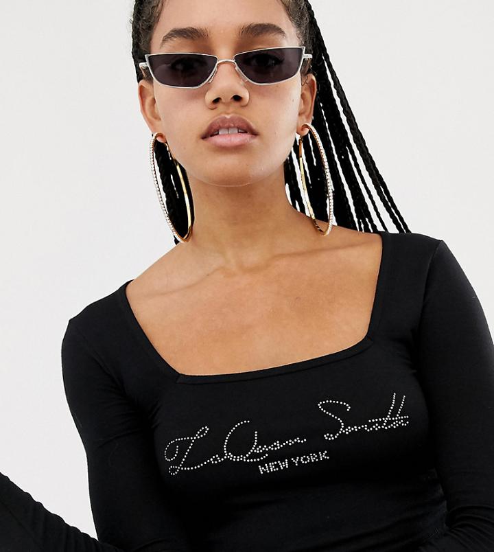 Asos Design X Laquan Smith Square Neck Top With Rhinestone Logo - Black