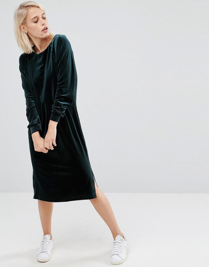 Asos Velvet Long Sleeve Column Dress - Green