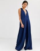 Asos Design Minimal Jumpsuit With Plunge & Wide Leg - Navy