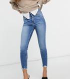 River Island Petite High Rise Raw Hem Skinny Jeans In Mid Auth Blue-blues