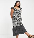 Influence Plus Frill Sleeve Midi Dress In Mixed Floral Print-black