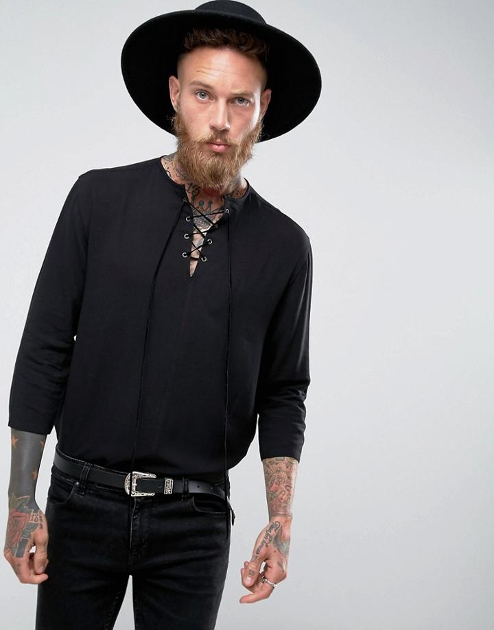 Asos Regular Fit Longline Viscose Lace Up Shirt - Black