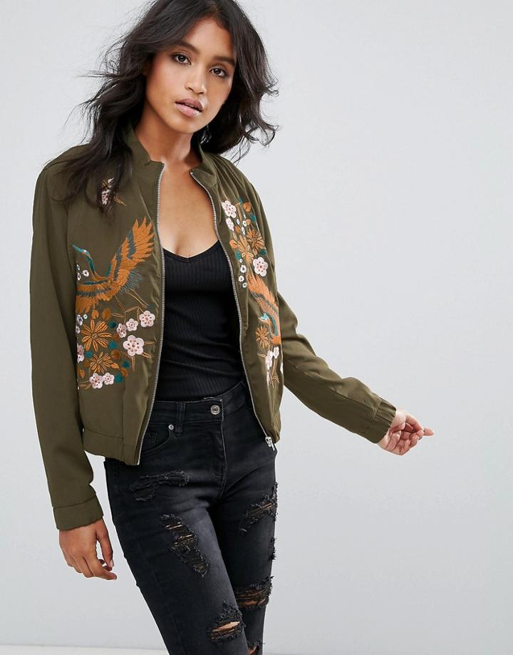 Liquorish Heavily Embroidred Bomber Jacket - Green