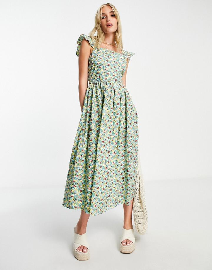 Influence Bow Back Frill Shoulder Midi Dress In Floral Print-multi