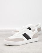 London Rebel Side Stripe Lace Up Sneakers In White With Black