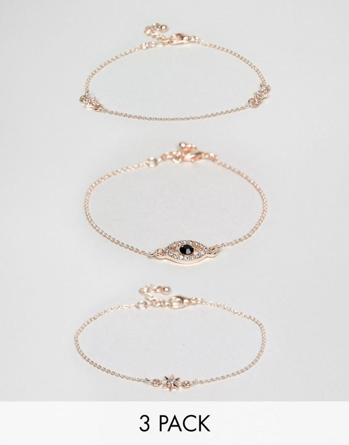 Asos Pack Of 3 Fine Crystal Charm Bracelets - Copper