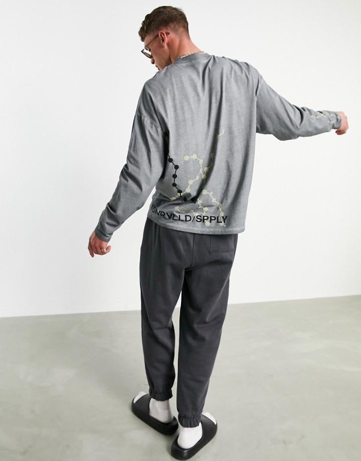 Asos Unrvlld Spply Oversized Long Sleeve T-shirt With Oil Wash & Front Print-blues