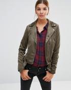 New Look Faux Suede Biker Jacket - Green