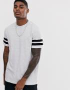Asos Design T-shirt With Contrast Sleeve Stripes In White Marl - White