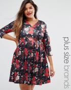 Praslin Plus Tea Dress With Wrap Front In Floral Print - Black