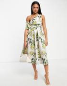 Asos Design Bare Shoulder Prom Midi Dress In Floral Print-multi