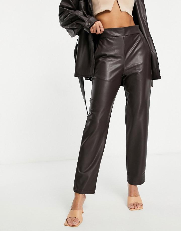 Asos Design Leather Look Slide Pants In Chocolate-brown