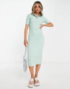 Asos Design Midi Short Sleeve Ribbed Polo Dress In Mint-green