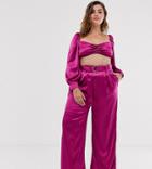 In The Style Plus Satin Wide Leg Pants With Belt In Raspberry - Gold