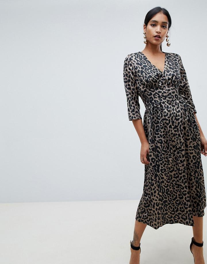 Asos Design Carly Button Through Maxi Dress In Satin Leopard Print-multi