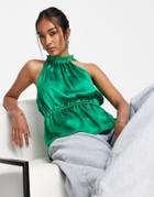 Vila Satin Halterneck Top In Bright Green