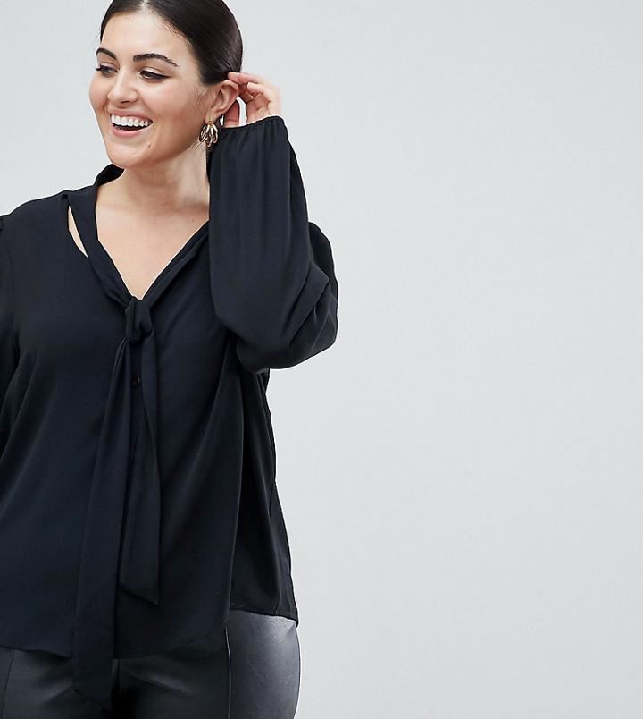 John Zack Plus Plunge Front Blouse With Neck Tie - Black