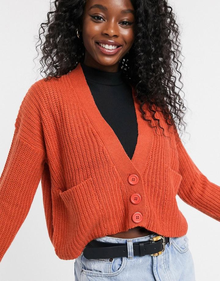 Qed London Cropped Button Through Cardigan In Rust-orange