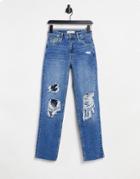 Stradivarius Straight Leg Ripped Jeans In Medium Blue-blues