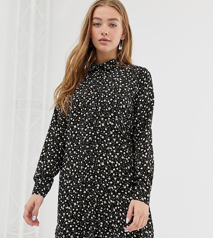 Daisy Street Oversized Shirt Dress In Ditsy Floral - Black