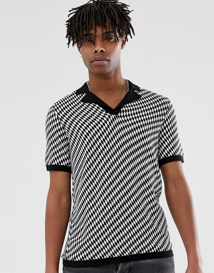 Asos Design Knitted Revere Polo With Argyle Design-multi