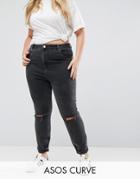 Asos Curve Farleigh High Waist Mom Jeans In Washed Black With Busted Knee - Black