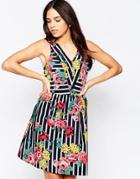 Lavand Printed Skater Dress With Caged Back - B