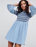 Asos Design Denim Smock Dress With Embroidery In Midwash Blue - Blue