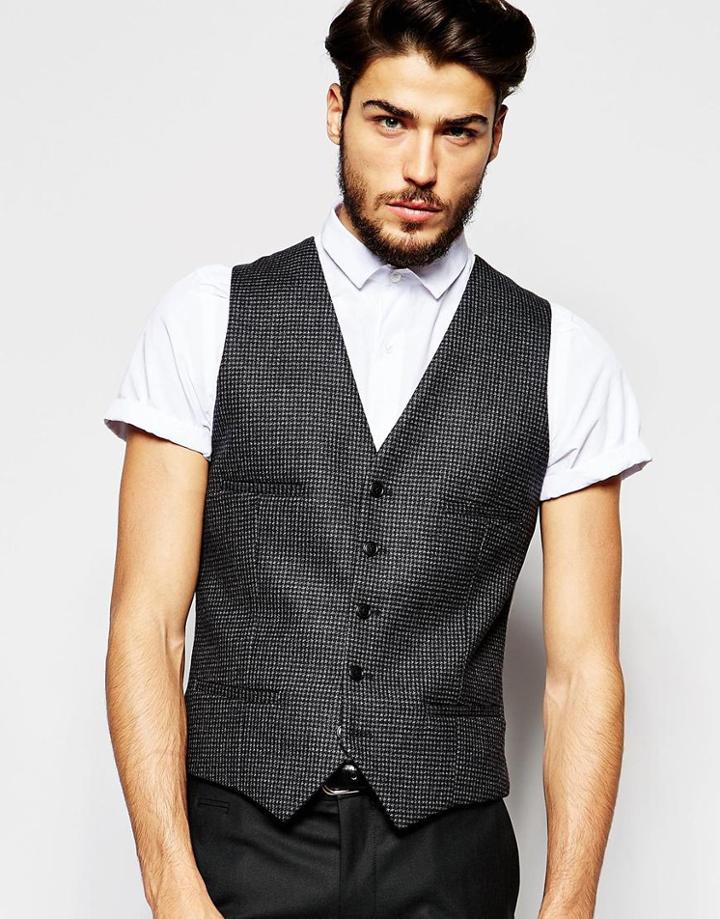 Noak Houndstooth Vest In Skinny Fit - Charcoal