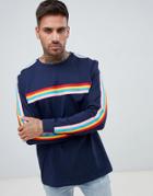 Asos Design Relaxed Long Sleeve T-shirt With Rainbow Taping In Navy - Navy
